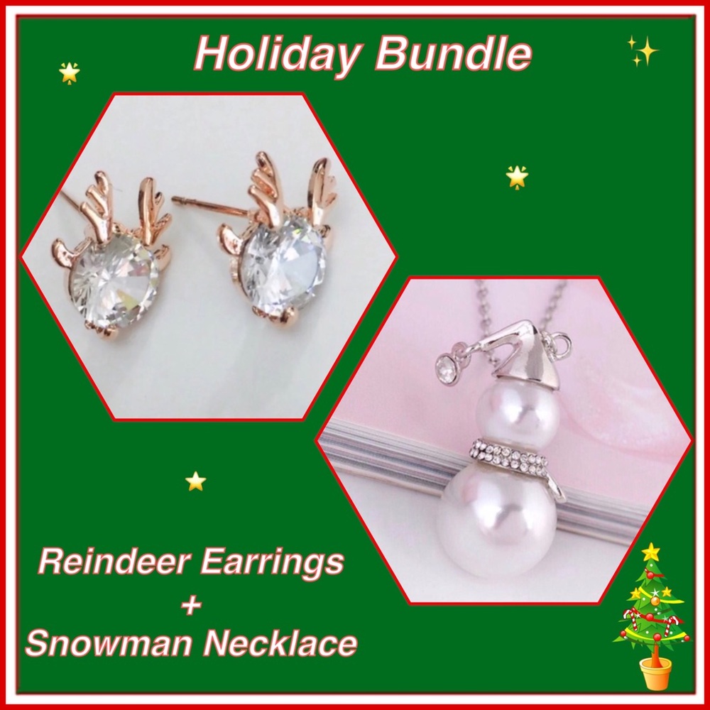 Adorable Snowman Necklace & Reindeer Earrings -New
